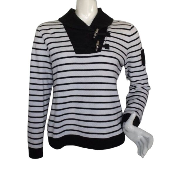 LAUREN RALPH LAUREN Sweater, L Black/White stripes, Shawl Collar/Toggle buttons - Picture 1 of 12